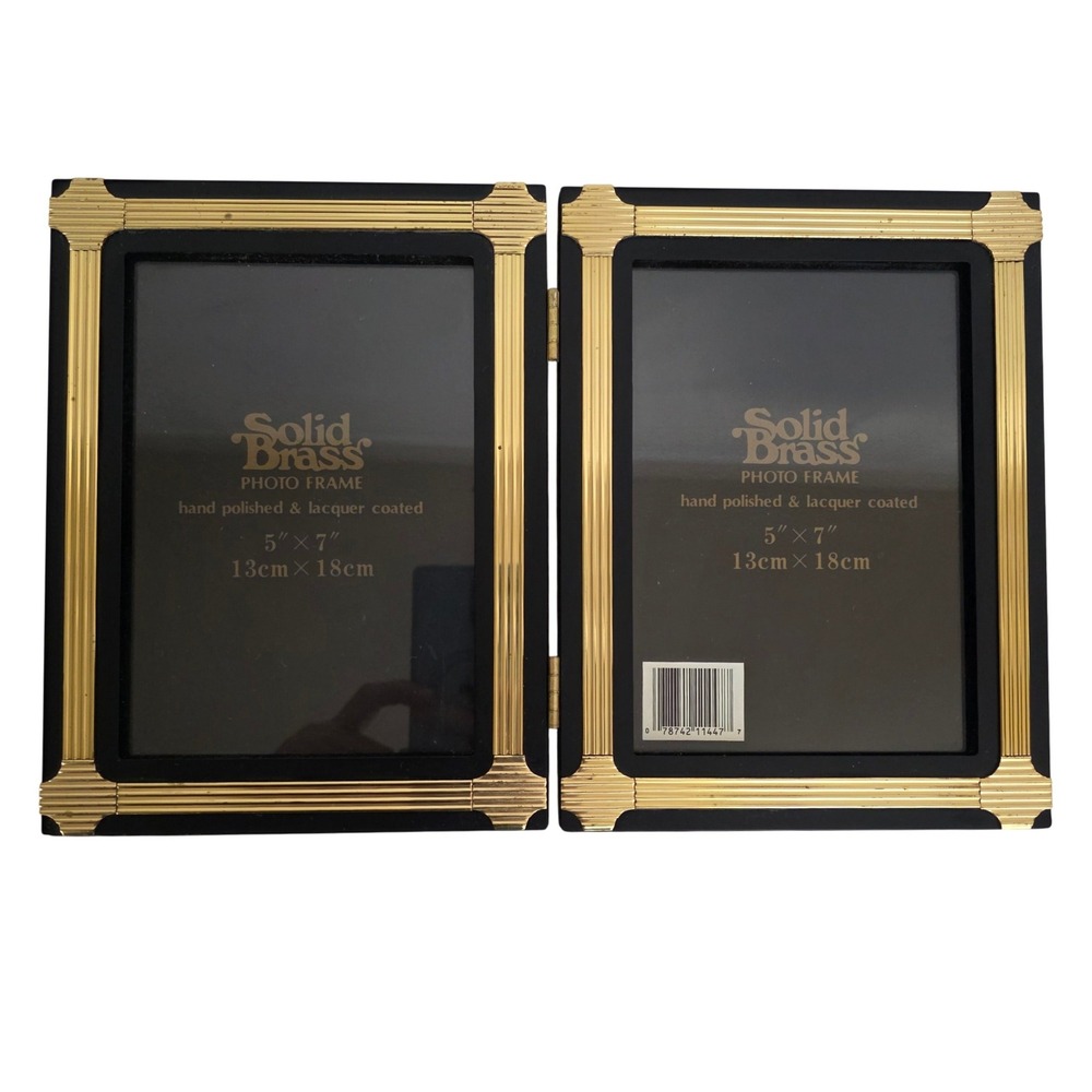 Solid Brass Double Photo Frame Black Gold Finish 5x7‎ Lacquer Coated Art Deco